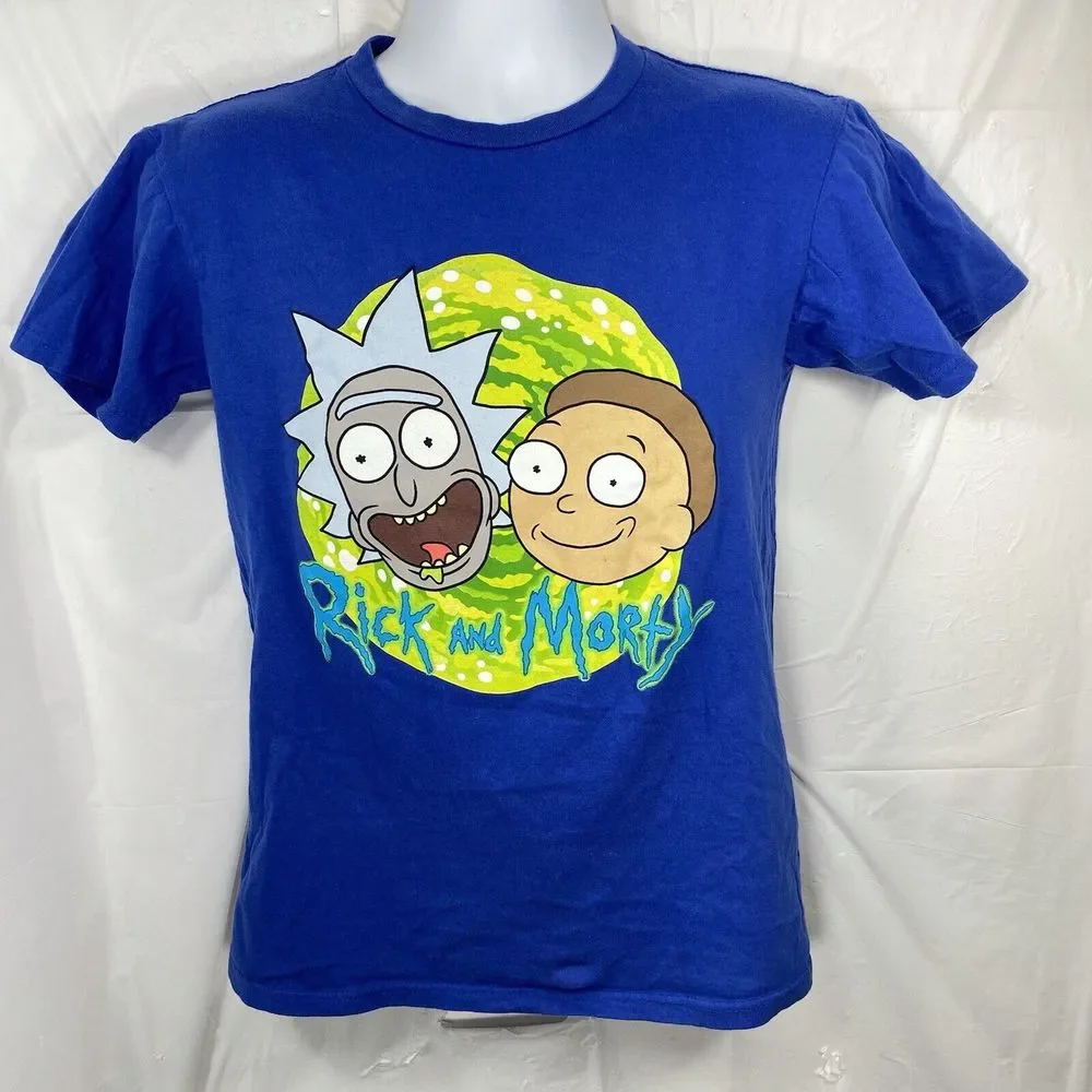 Rick & Morty Men's Small Blue Short Sleeve Adult Swim Cartoon Graphic T Shirt - Picture 1 of 9